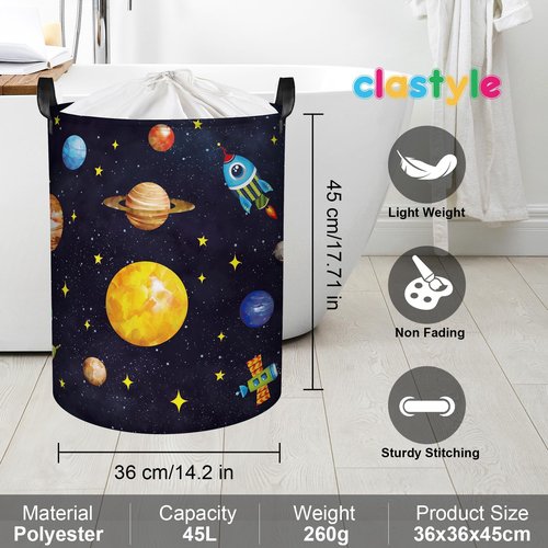 Clastyle 45L Boy Planets Nursery Hamper Outer Space Collapsible Laundry Basket Kid Room Rocket Toy Storage Basket