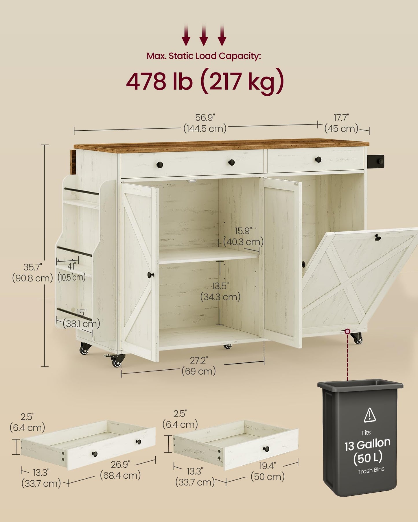VASAGLE Mobile Kitchen Island with Trash Can Storage, Drop Leaf, Portable Island with Spice Rack, Mobile Cart with Storage Cabinet, for Dining Room, Rustic White and Honey Brown UKKI014WJ01S