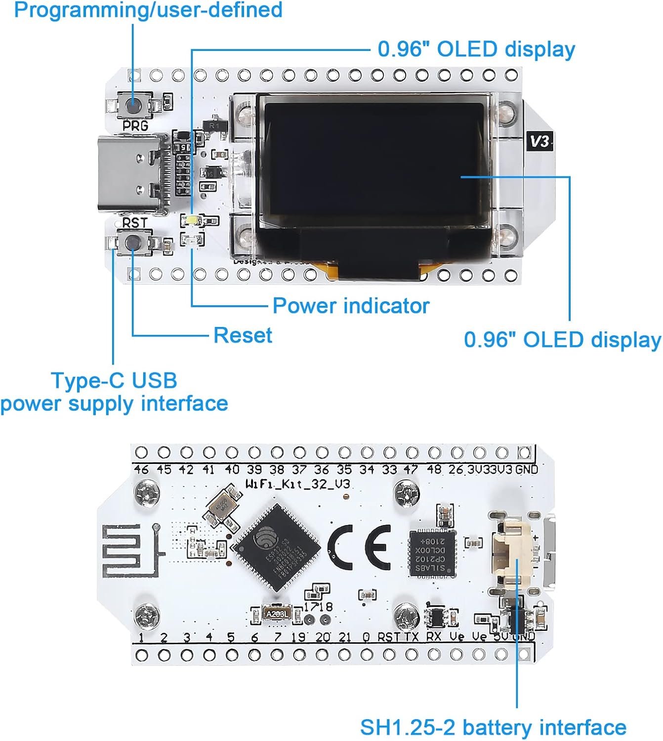 AITIAO 2PCS ESP32 V3 ESP-32 0.96 Inch CP2012 ESP8266 OLED WiFi Kit Type-C Blue OLED Display WiFi+Bluetooth Internet