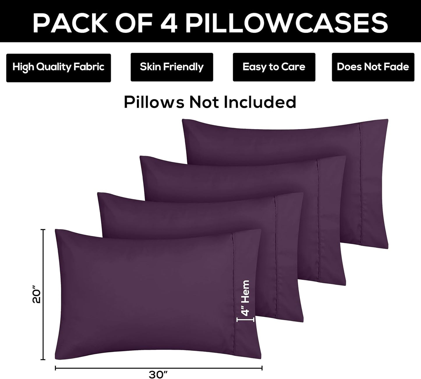 Utopia Bedding Queen Pillow Cases - 4 Pack - Soft Brushed Microfiber - Fade Resistant | 20 x 30 Inches, Purple