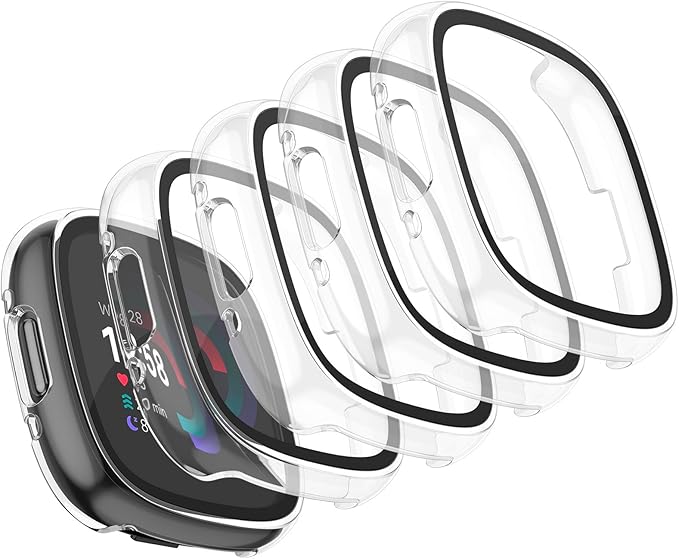 Vancle Case for Fitbit Versa 4 / Fitbit Sense 2, 4-Pack Screen Protector Tempered Glass Full Around Hard PC Case with Sensitive Touch Film Protective for Fitbit Sense 2 / Versa 4(Transparent*4)