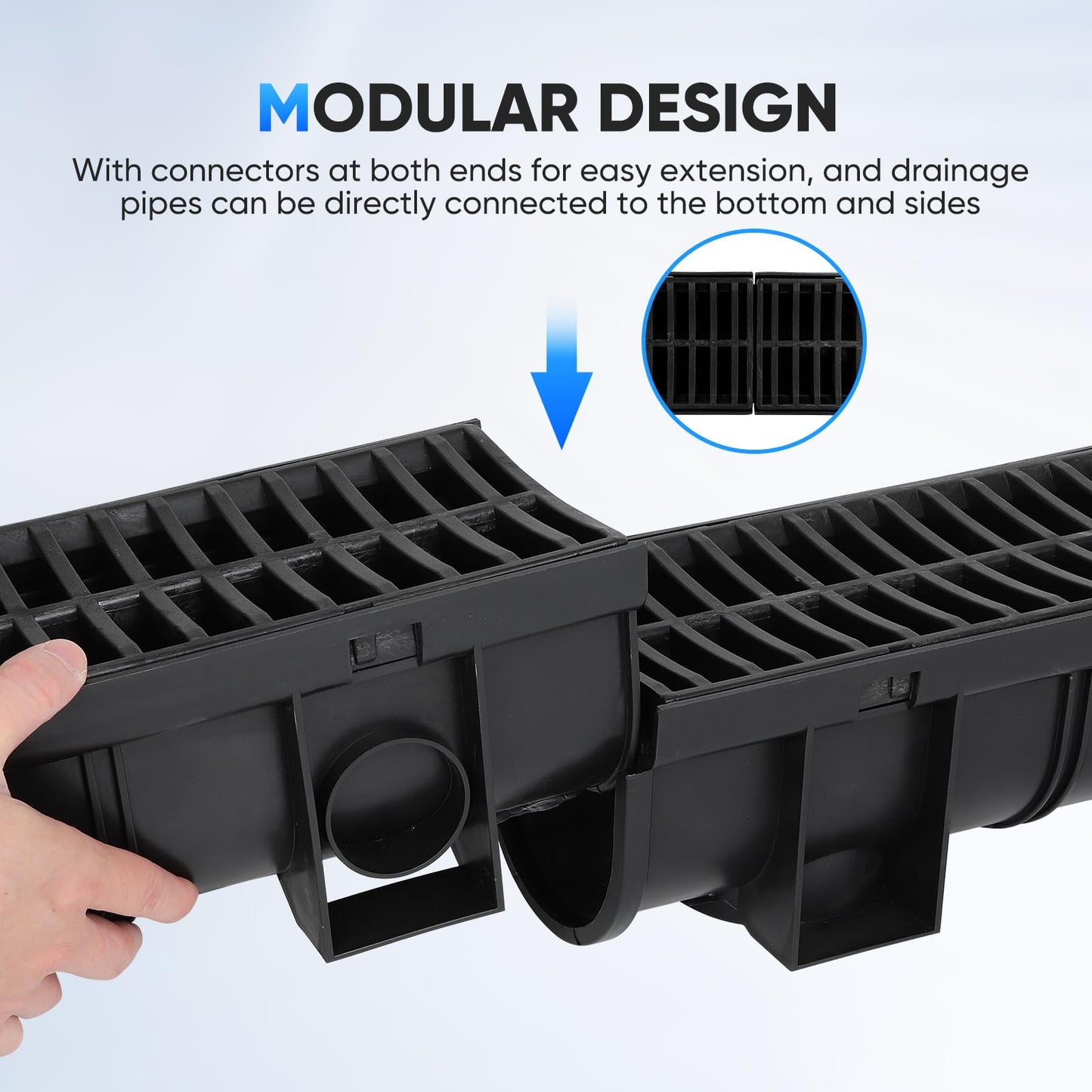 Trench Drain System, Channel Drain with Plastic Grate, 5.9x5.1-Inch HDPE Drainage Trench, Black Plastic Garage and GardenDrain, 6x39 Trench Drain Grate, with 6 End Caps,Convenient Assembly（6 Pack）