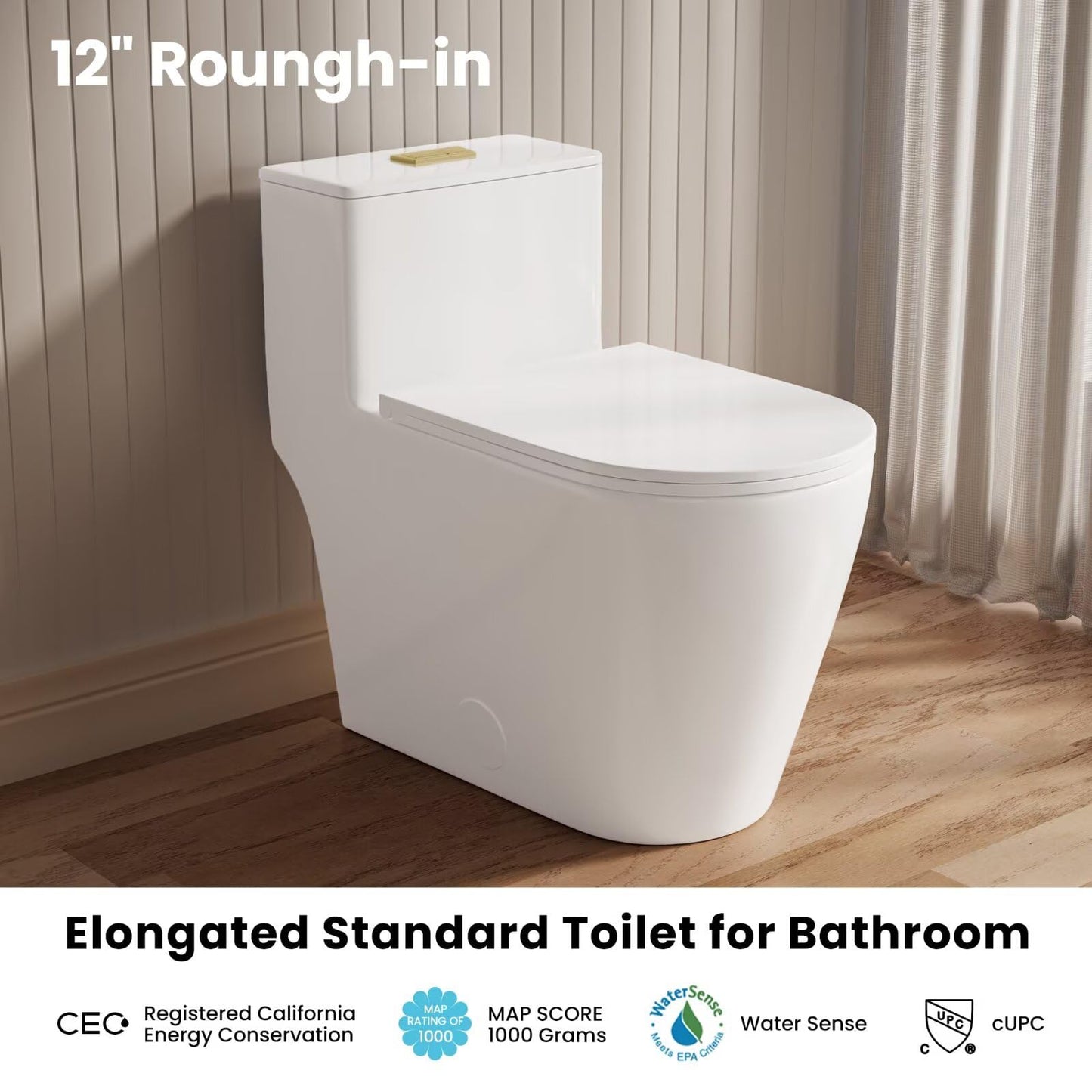 Casta Diva Elongated One Piece Toilet with 17" ADA Comfort Chair Height Seat Compact Toilet for Bathroom Dual Flush 1.1/1.6GPF, 12'' Rough-in, Dual Flush Toilet Button Golden