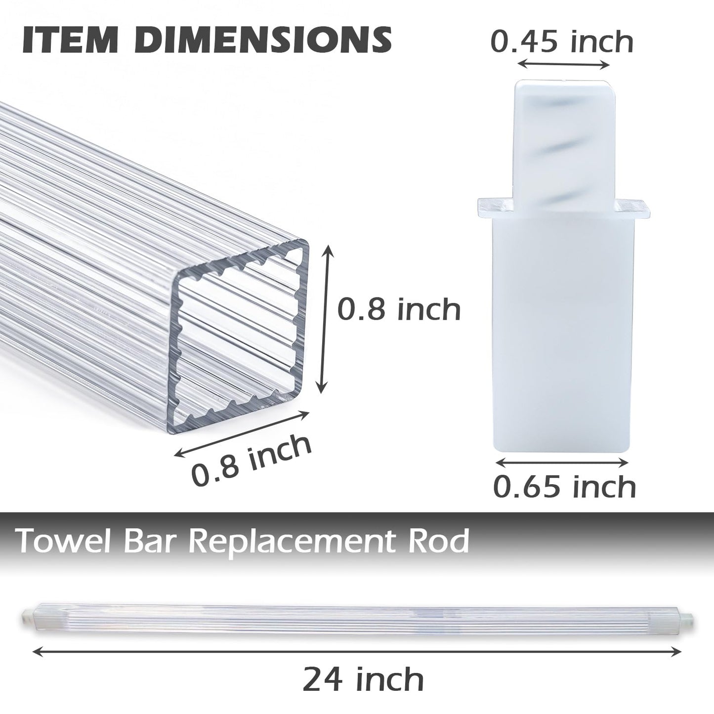 24 Inch Clear Acrylic Towel Bar Replacement Rod for Black Ceramic Holder, Square Spring Loaded Adjustable Insert, Transparent Plastic Bathroom Shower Towel Rack Pole, Cut to Fit, Easy Install