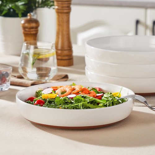 MALACASA 48 OZ Pasta Bowls Set of 4 - Large Ceramic Salad & Soup Bowls | Microwave & Dishwasher Safe, Khaki White