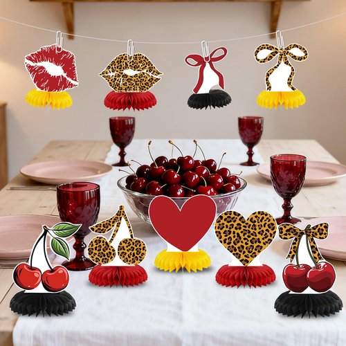 Cheetah Cherry Birthday Party Decorations Leopard Honeycomb Centerpieces Decor with Red and Black Cheetah Cherry Print Toppers Safari Animal Birthday Party Decorations Sulpplies for Women Girls