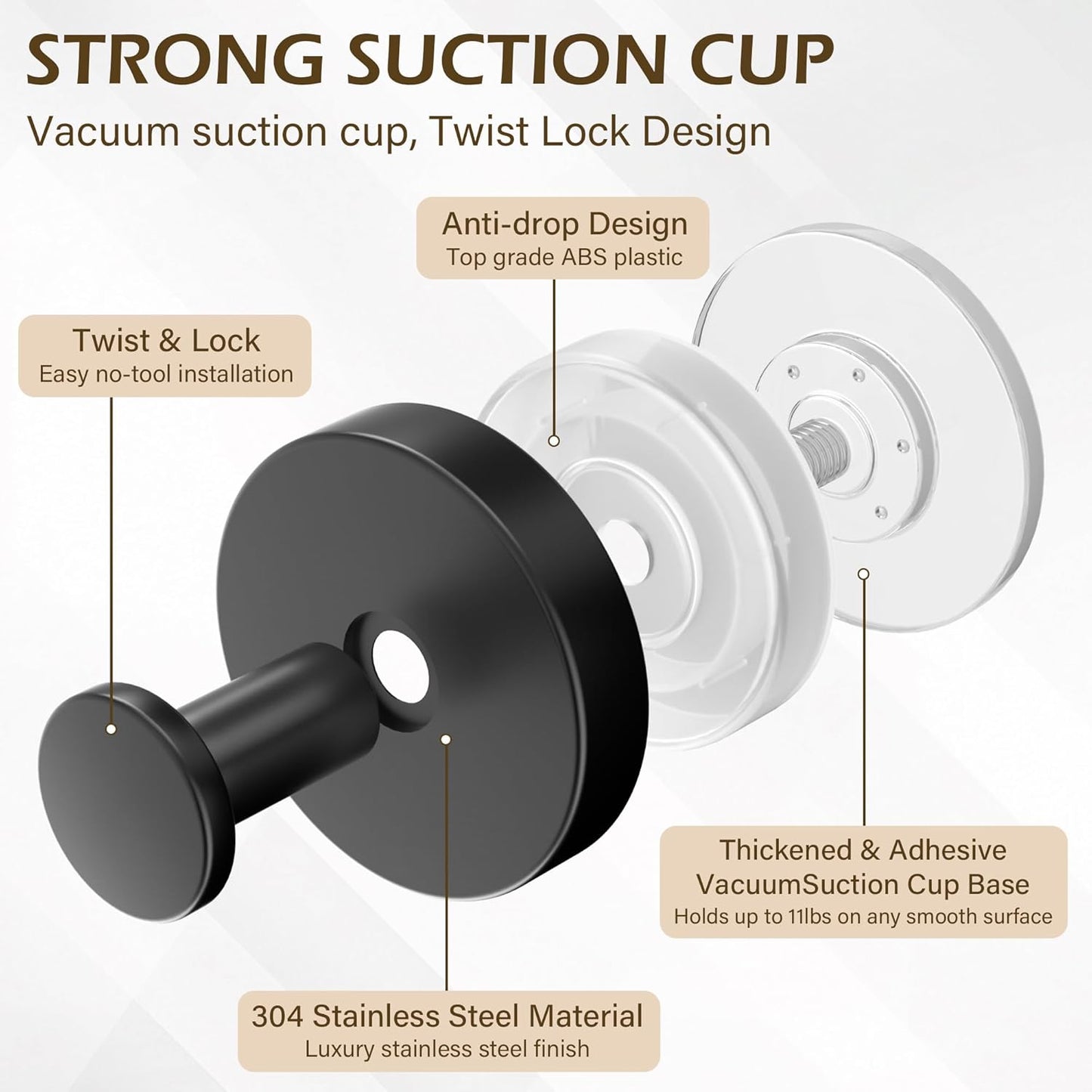 Ninth Five Heavy Duty Shower Suction Cup Hooks - Removable Bathroom Wall Hooks for Towels & Robes | 4 Pack, Black