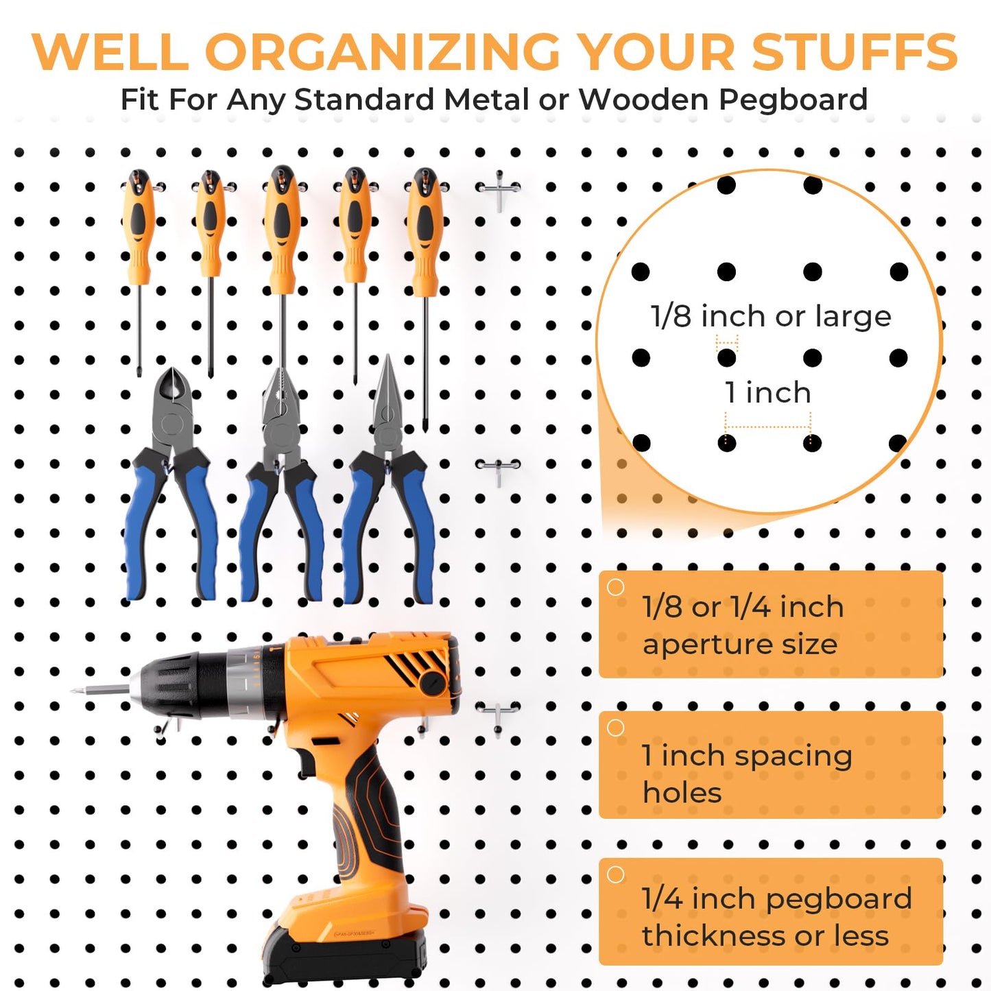 INCLY 50 Pack Pegboard Hooks, 6 Inch Metal Peg Board Shelving Hooks Accessories, Peg Board Tool Hangers Fit for 1/8“ and 1/4" Pegboard Hanging Tools for Garage, Craft Room, Kitchen, Store