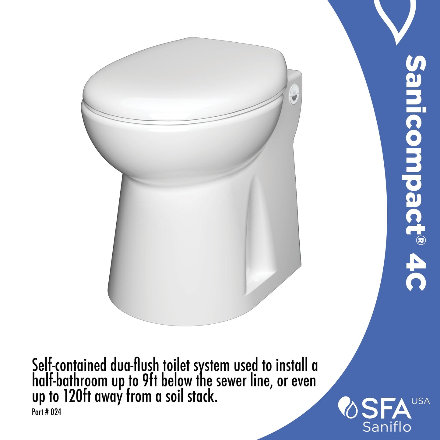 SFA SANIFLO - Sanicompact - 4C Dual-Flush Macerating Toilet - Space-Saving Half Bathroom Solution - Soft-close Toilet Seat Included - Certified CSA (IPC, NSPC) - Made In France
