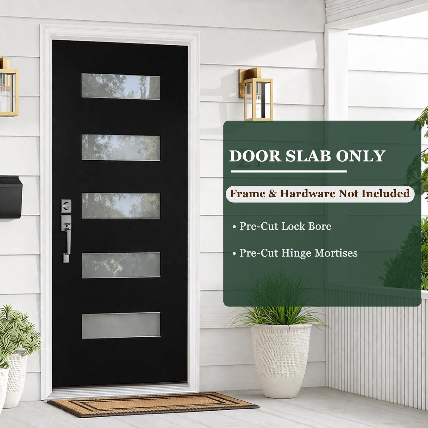 36'' x 80'' Fiberglass Door Slab, Actual Size 35-3/4''x79'', Black Exterior Door Slab with Pre-Cut Hinge Mortises and Lockset Hole, Right-Hand Inswing/Outswing, Smooth Finish and 5 Lite Frost Glass