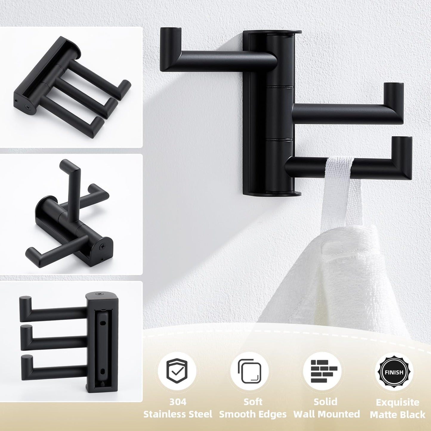 APLusee Swivel Towel Hook, 304 Stainless Steel Foldable Clothes Hook with Multi Three Rotating Arm, Flexible Bathroom Kitchen Storage Hanger Wall Mounted, Matte Black