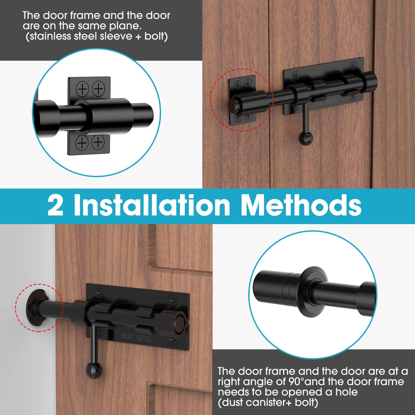 MeBantoo Slide Bolt Gate Latch Hardware, Barrel Bolt Latch, 6.3 Inch Heavy Duty Solid 304 Stainless Steel Black Finish Lock for Wooden Fence/Shed/Yard/Barn Door/Interior and Outdoor (Black)
