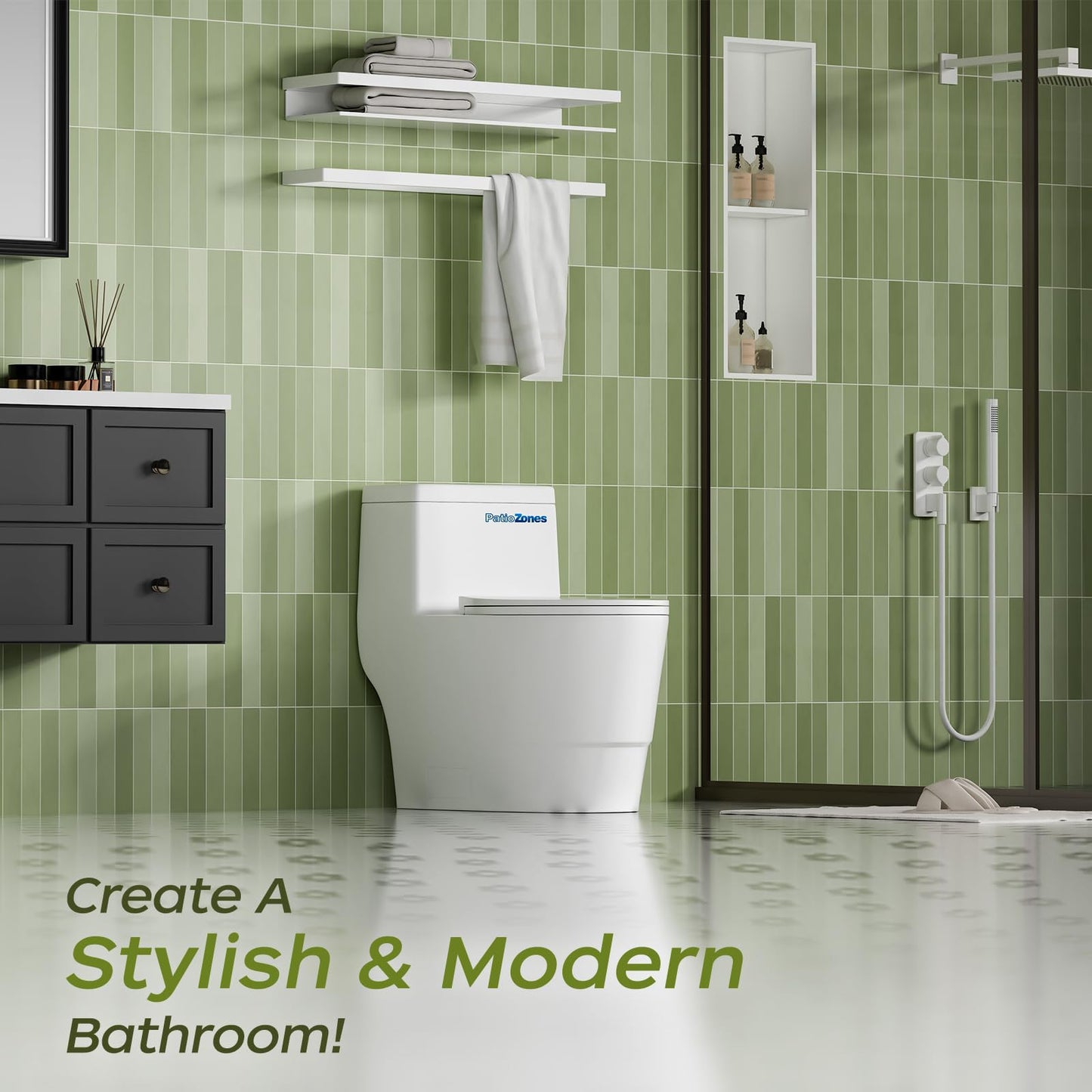 One Piece Elongated Toilet with 17.3" ADA Comfort Height and Soft-Closing Seat, Poweful Dual Flush 0.8/1.28 GPF, 12'' Rough-In Standard Toilet for Bathroom, Ceramic Nano-Glazed Surface, Full Skirted