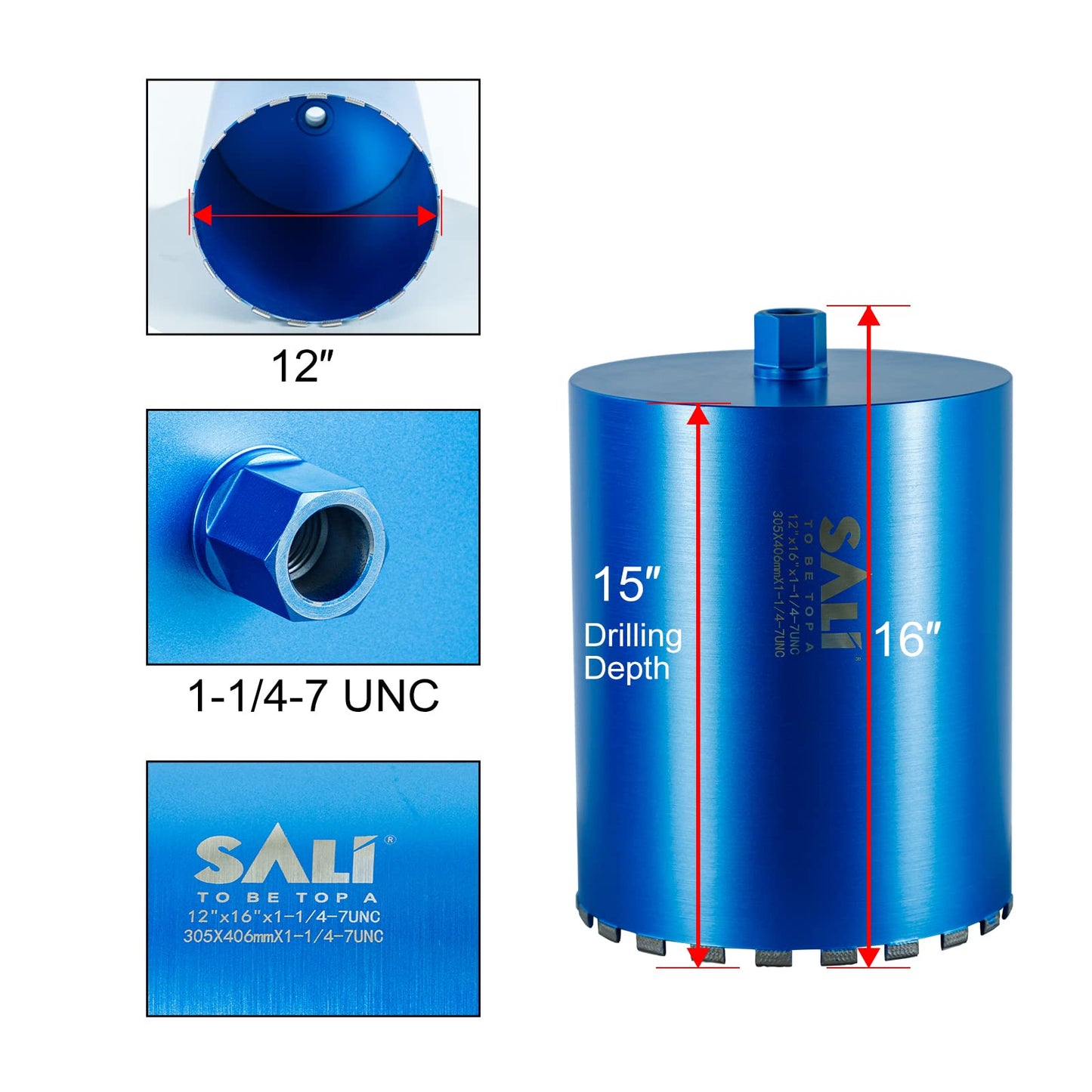 SALI Wet Diamond Core Drill Bits 12"/304mm Diameter, 15"/380mm Drilling Depth Concrete Core Drill Bit, 1-1/4-7" Thread Core Bit Turbo Laser-Welded Segments with Rebar, Brick, Block, Masonry, Stone