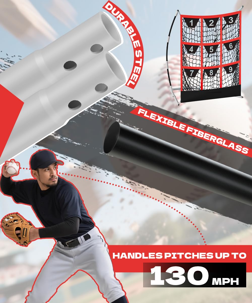 Queension 9 Hole Pitching Target Net with Strike Zone, Baseball Batting Net with Target Pockets, Pitching Net with Ground Stakes and Sandbags for Baseball Training, White