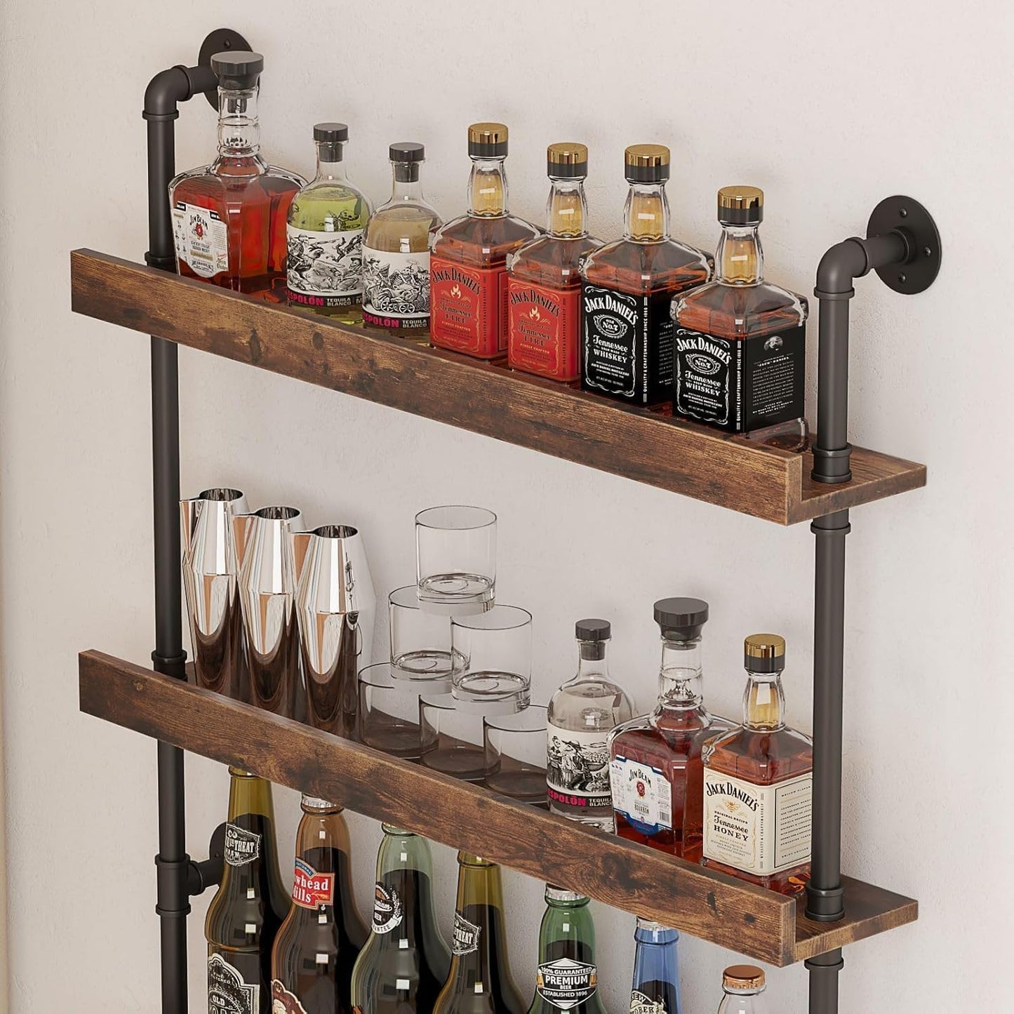 Woskar 5-Tier Wall Mounted Wine Rack, Industrial Pipe Bar Shelf for Wine Bottle Storage, Industrial Pipe Shelves Shelf Shelving for Home Bar Dining Room Kitchen (39.4" W x 79" H)