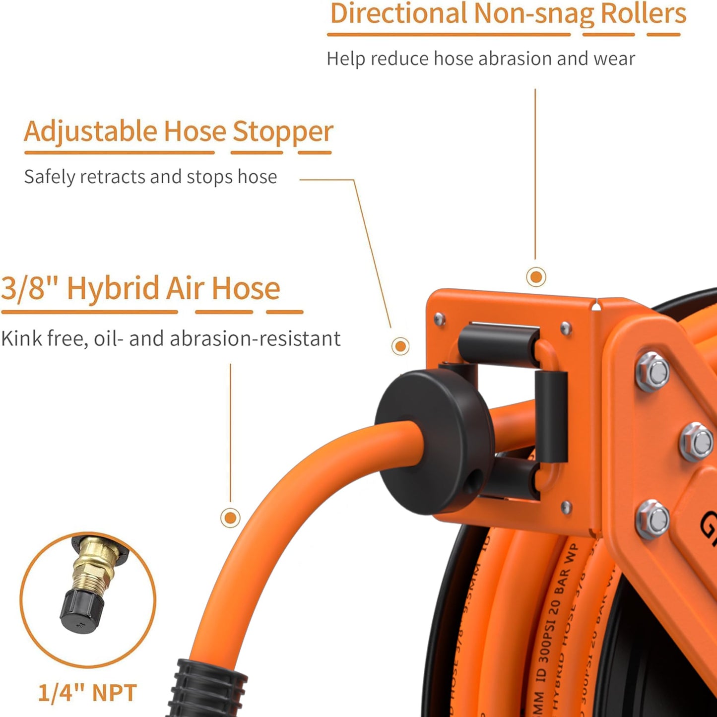 Giraffe Tools Retractable Air Hose Reel, 3/8" Hybrid Hose, Air Compressor Heavy Duty Steel Reel Auto Rewind 300PSI, Wall Mount with Swivel Bracket, 50ft