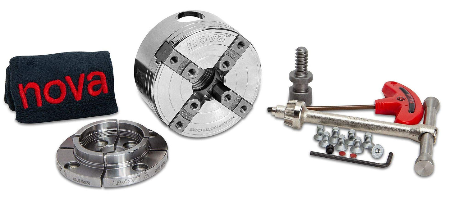 NOVA 48293 PREMIER PRO-TEK G3 CHUCK Bundle with 2" PRO-TEK Jaw Set, JSPIN 1" Pin Jaw Set, JS100N 4" Bowl Jaw Set, Woodworm Screw & Storage Case. 1"x 8 TPI Only (Does Not Use Inserts)