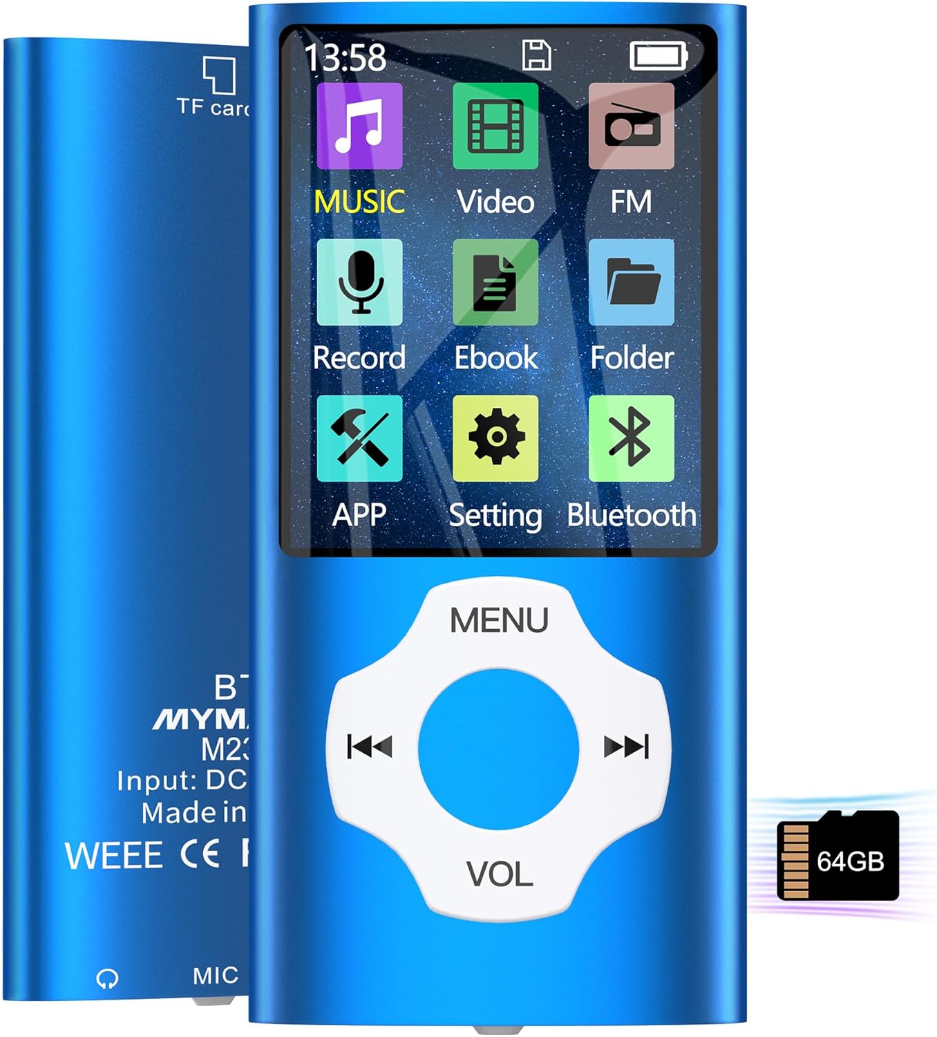 MYMAHDI 64GB MP3 1.8" 128GB, MP4/MP3 Player with Bluetooth, Pocket LCD Screen Music Player Max Supports Up to Player