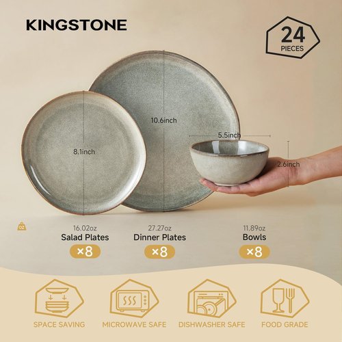 KINGSTONE 24-Piece Stoneware Dinnerware Set - Handcrafted Reactive Glaze Plates & Bowls for 8 | Scratch Resistant, Dishwasher & Microwave Safe, Grey