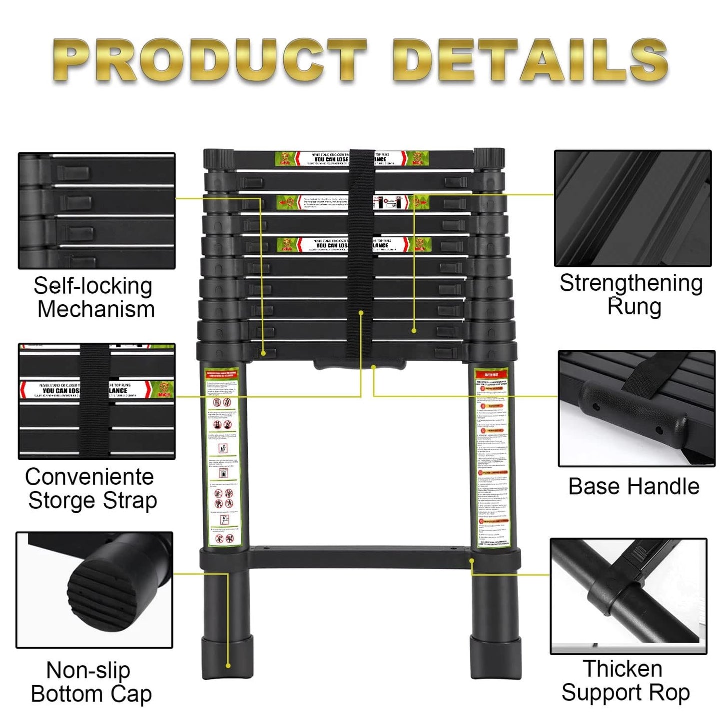 RIKADE 16.5FT Telescopic Ladder, Aluminum Telescoping Ladder with Non-Slip Feet, Portable Extension Ladder for Household and Outdoor Working, 330lb Capacity, Black