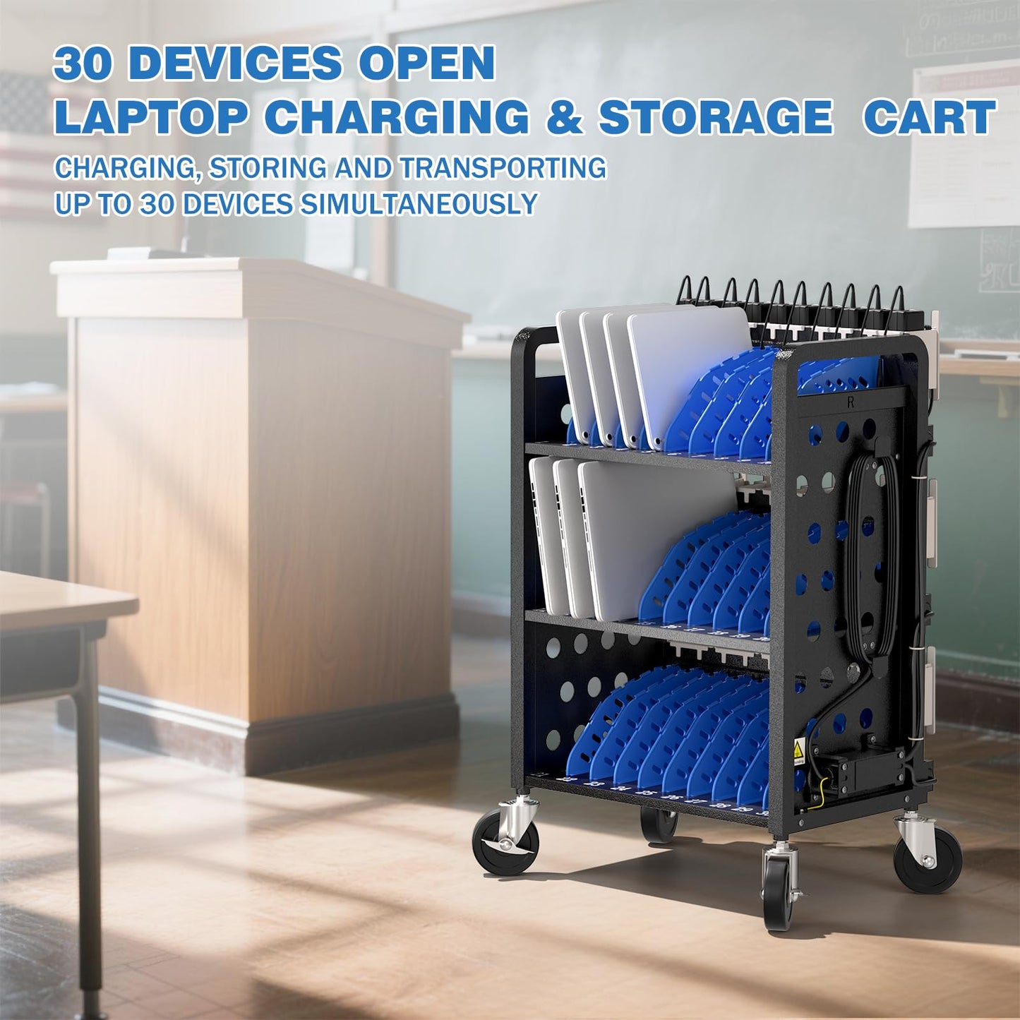 POCHAR 30 Devices Open Laptop Charging Cart for iPads, Tablets - Laptop & Tablet Storage Carts for Classroom, Office - Chromebook Charging Station Cart with Cable Management & Surge Protection