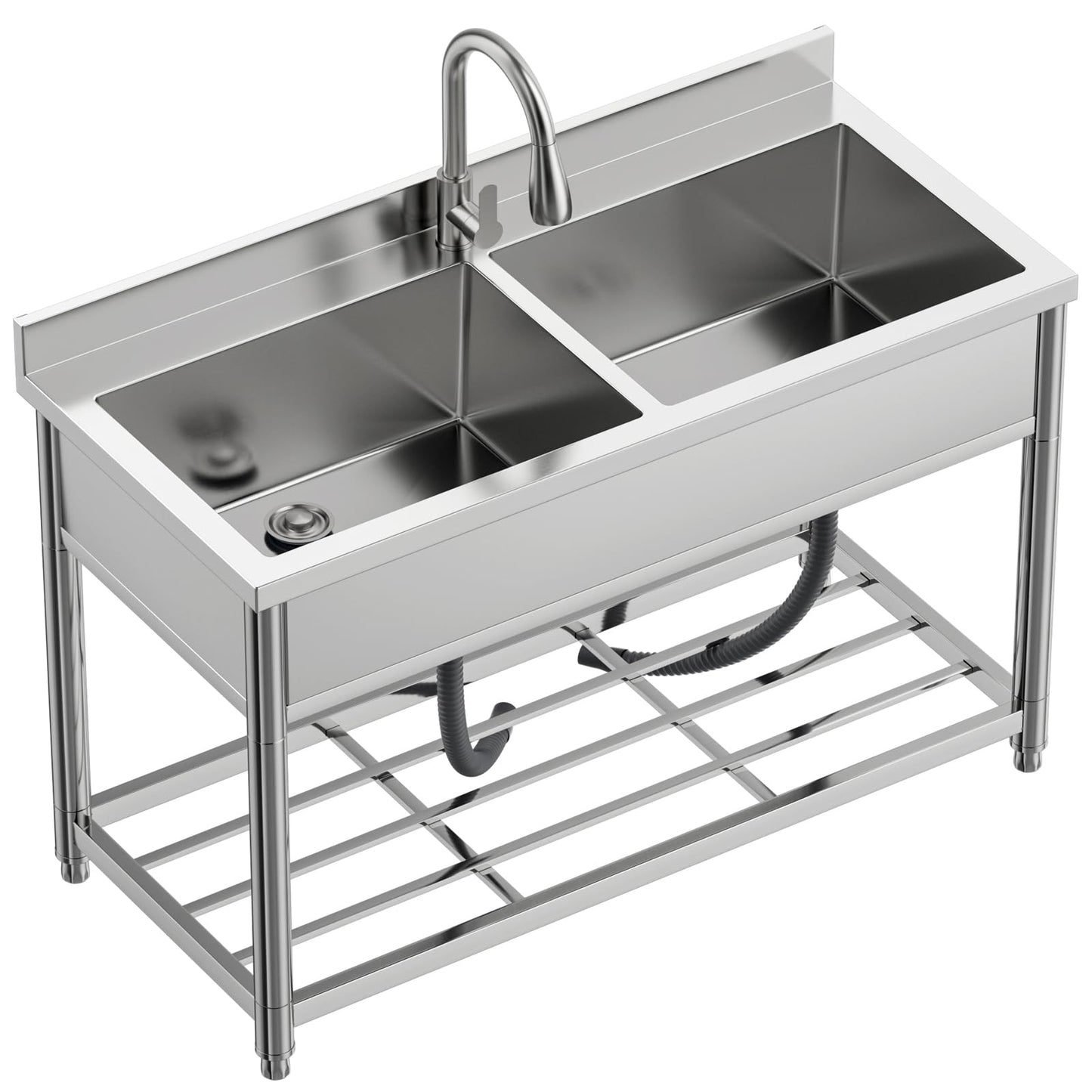 GGW 2-Compartment Commercial Sink, Stainless Steel Utility Sink with Pull-out Faucet, Free Standing Double Bowl Kitchen Sink for Restaurant, Garage, Shop, Cafe, Outoor, 21.7"D x 47.2"W x 37"H