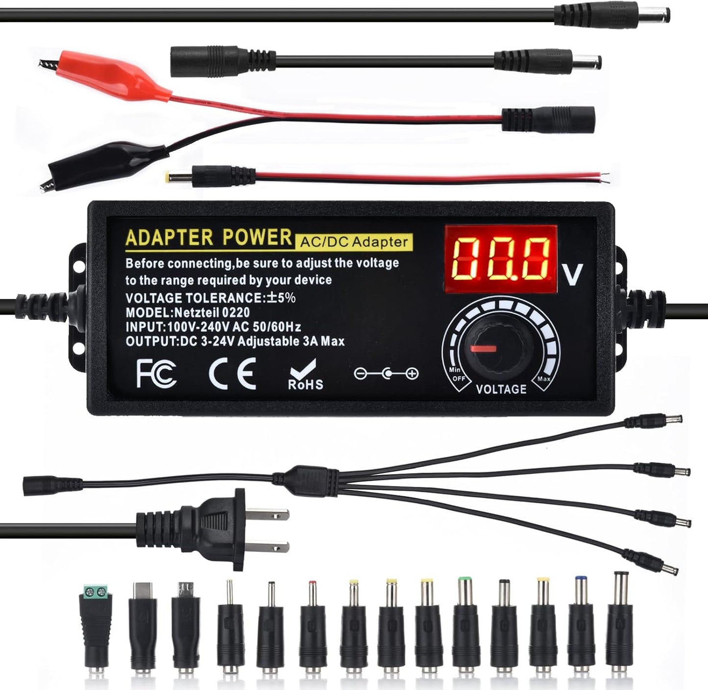 Amtake 72w 3V 24V 100V-240V Display,14pcs Tips,4-Way Universal Power Supply Adjustable DC ~ Variable Switching AC/DC