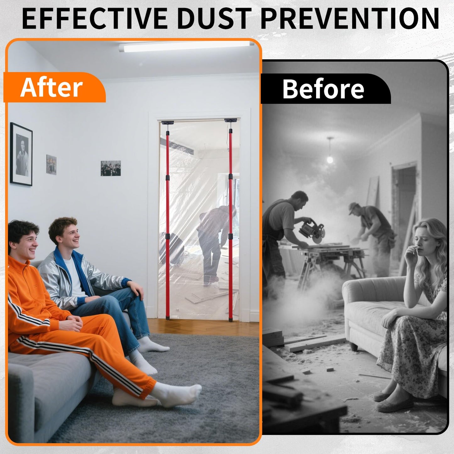 10FT Dust Barrier Poles Kit with Plastic Sheeting (32.8x13.1FT), 2 Heavy-Duty Zippers & Gloves – Telescoping Poles for Temporary Dust Barrier System, Home Renovation & Construction (4PCS)