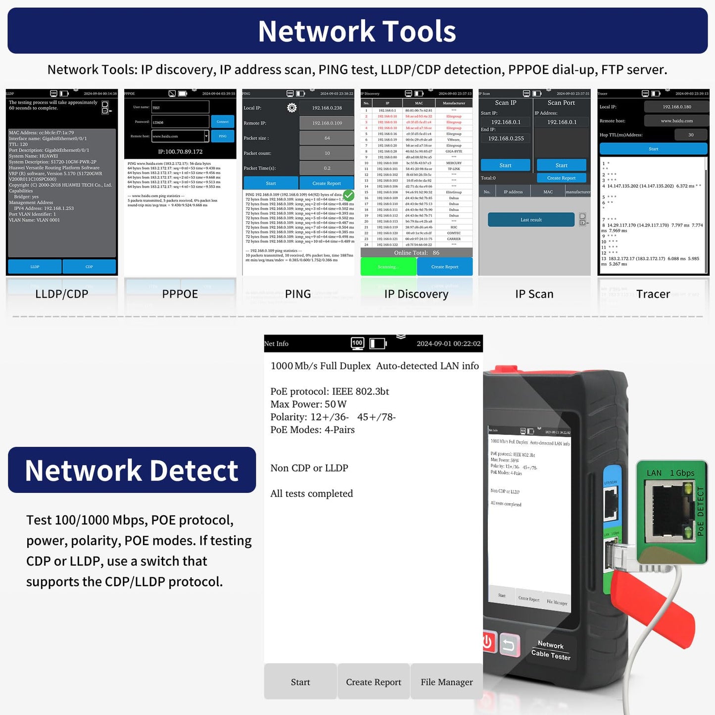 Multifunction RJ45 Network Caber Tester, 4" IPS Touch Screen UTP Cable Tester,Rechargeable Ethernet Cable Tracer,Support Network Tools, POE++ Detect,Cable Length Meter,RJ45 TDR Test,NCV,FTP (LT-600S)