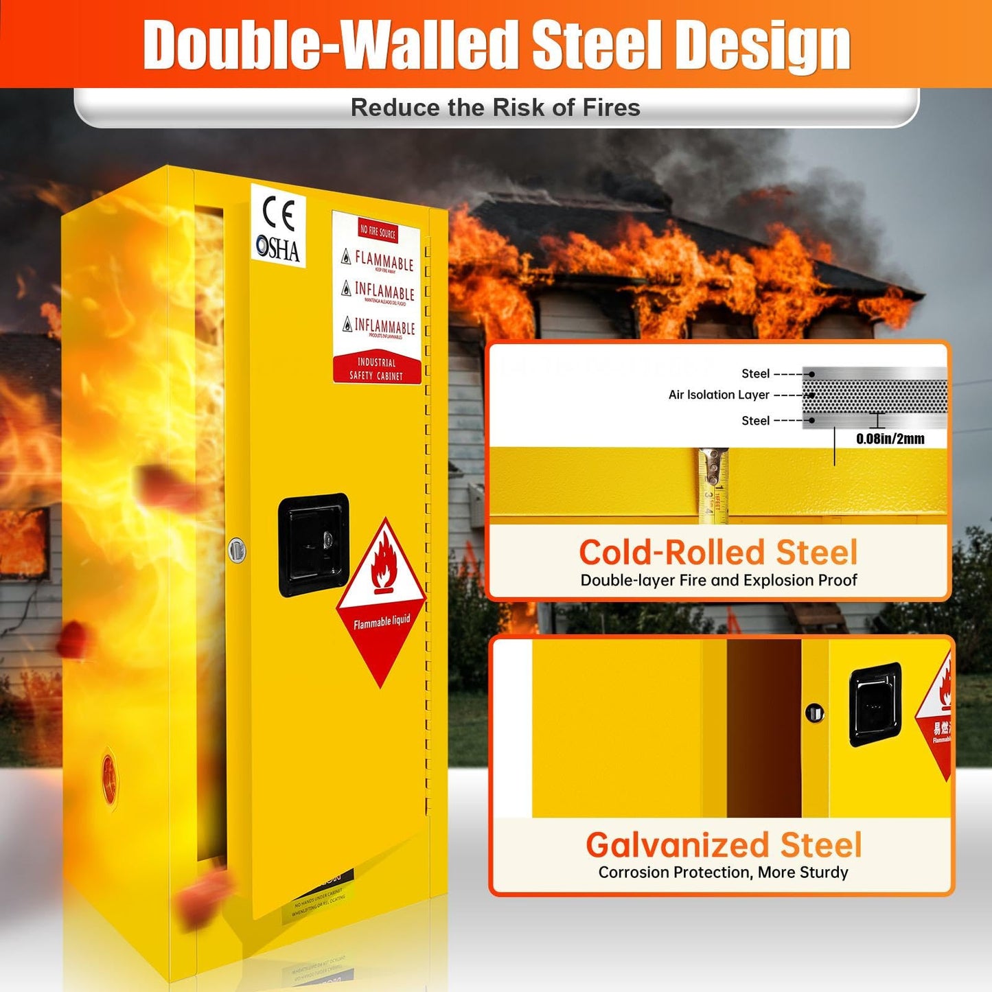 Flammable Storage Cabinet, 30 Gallon Fuel Storage Cabinets Fire Safety Cabinet, Chemcial Resistant Cabinet with Adjustable Shelves, Manual Locking Door, 38''x21''x21''