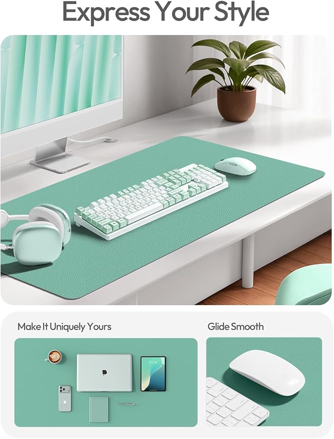 YSAGi Leather Desk Protector, Office Mat, Large Mouse Mat, Non-Slip PU Leather Blotter, Laptop Desk Pad, Waterproof Writing Pad for Office and Home (Green-Blue, 47.2" x 23.6")