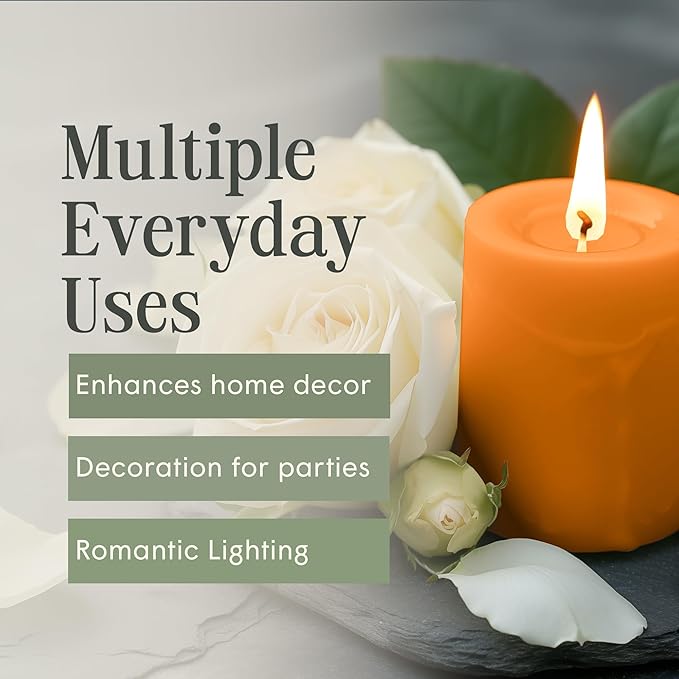 Mister Candle Dripless Unscented Orange Pillar Candles, Set of 3 Hand Poured Solid Color Non-Scented Candles for Home Decor, Premium Wax, 60 Hr Burn Time - 3x4 Inch, Orange