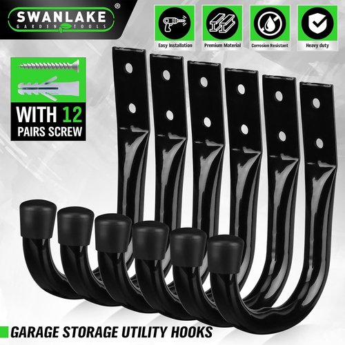 Heavy Duty Garage Storage Hooks - 6-Piece Bike Wall Mount J Hooks for Organizing Tools & Cords