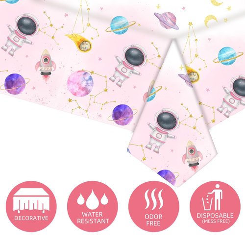 ASLERMURE 3pcs Pink Space Party Tablecloth First Trip Around The Sun Birthday Space Theme Disposable Rectangle Table Cover Decorations,Outer Sun Theme Party Baby Shower Supplies