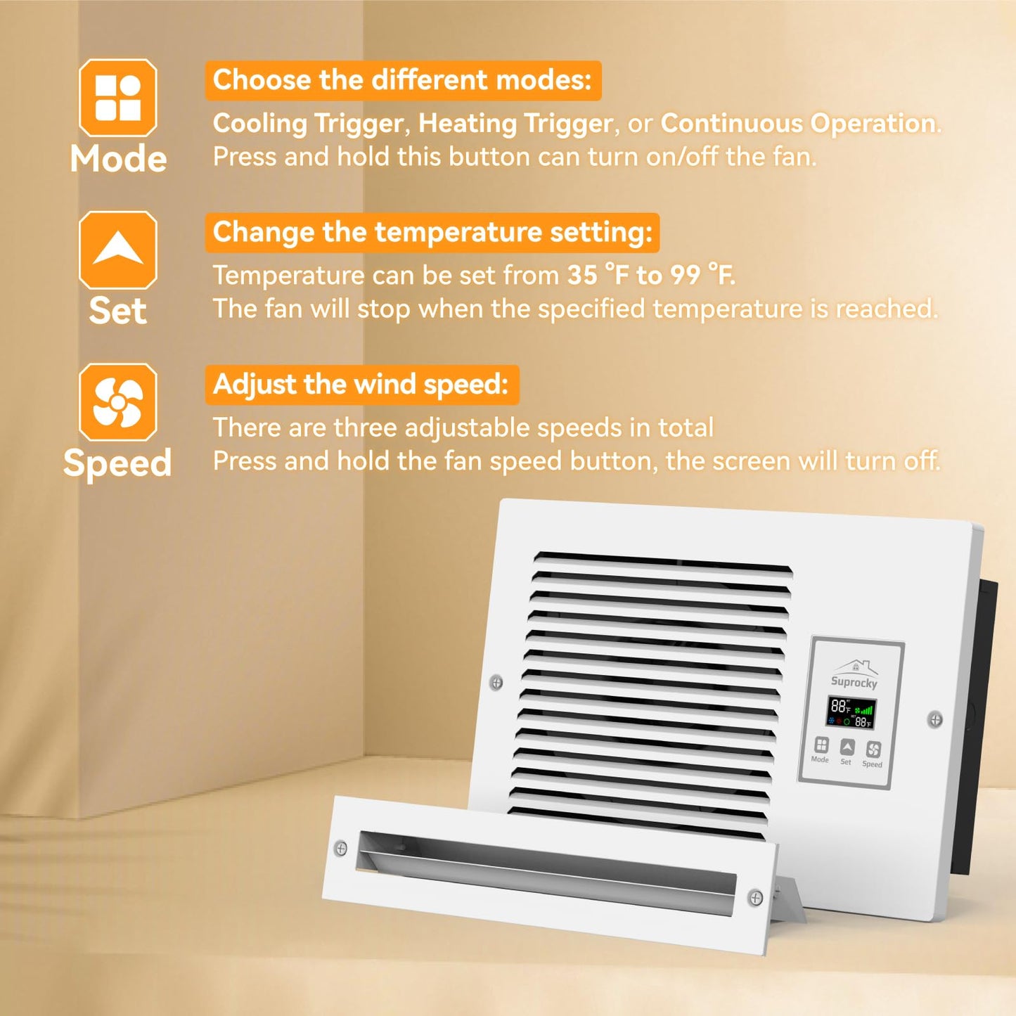 Suprocky Room to Room Air Transfer Fan, Through Wall Exhaust Fan with Intelligent Programmed Air Exchange System, Hardwired, 3-Speed, In Wall Vent Fan with Temperature Sensor, 200CFM, RTR140