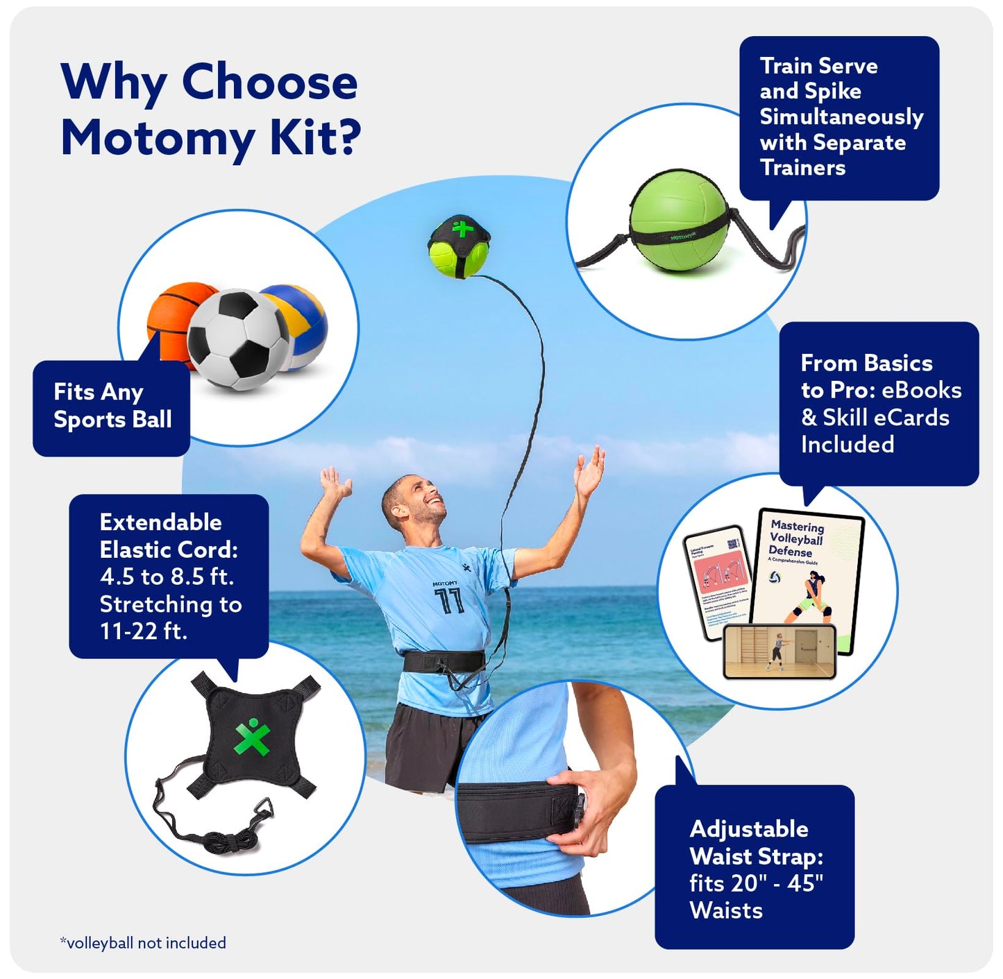 MOTOMY™ Volleyball Training Equipment Aid ‘VolleyPal’ – Solo Rebounder Trainer for Serve, Spike, Set & Pass; Indoor and Outdoor Volleyball Practice Equipment Gear, Volleyball Gifts for Teen Girls