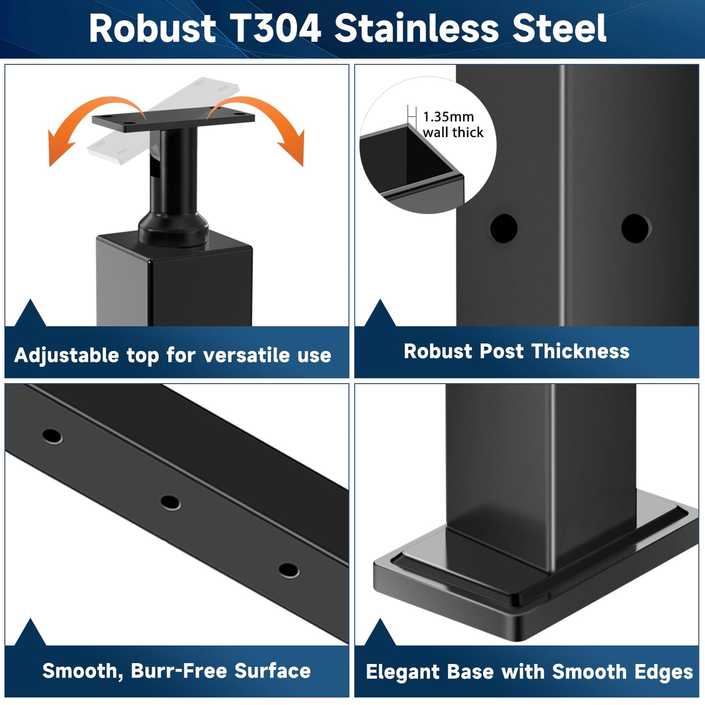 Gyykzz 42" Modular Cable Railing Post Kits 4 Pack, Adjustable Top Level Drilled Deck Post, Cable Railing System Including 4 Railing Post, 197ft Cable, 24 Terminal, 96 Cable Grommets (No Handrail)