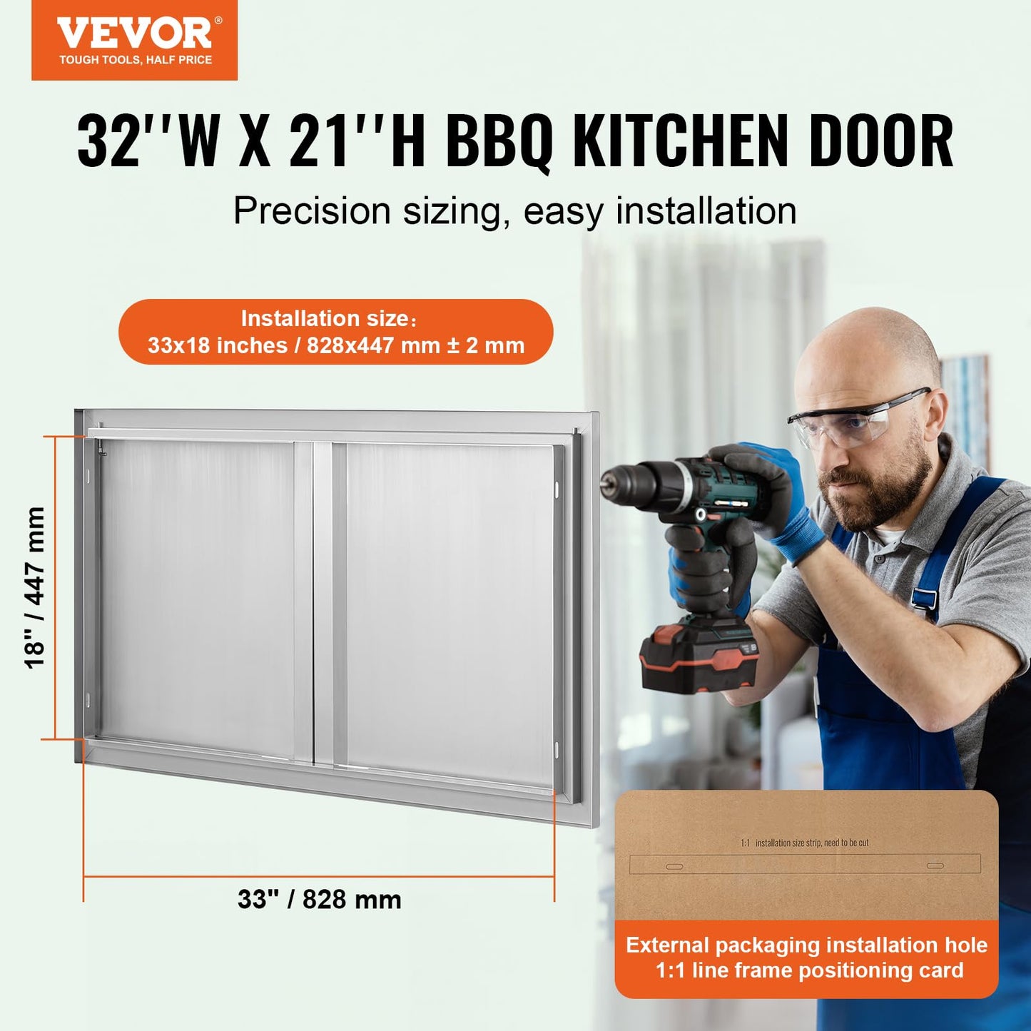 VEVOR BBQ Access Door, 36W x 21H Inch Double Outdoor Kitchen, Stainless Steel Flush Mount, Wall Vertical With Recessed Handles, for BBQ Island, Grilling Station, Outside Cabinet