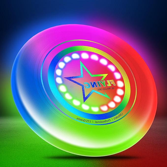 Pro Glow in the Dark Flying Disc for Kids Adults, 7 Lighting Smart Modes Flying Ring Toy for Outdoor Game, Camping Essentials for Kids/Teens/Boy/Girl, Safe, Waterproof, 175g, Lawn, Yard, Beach Toy