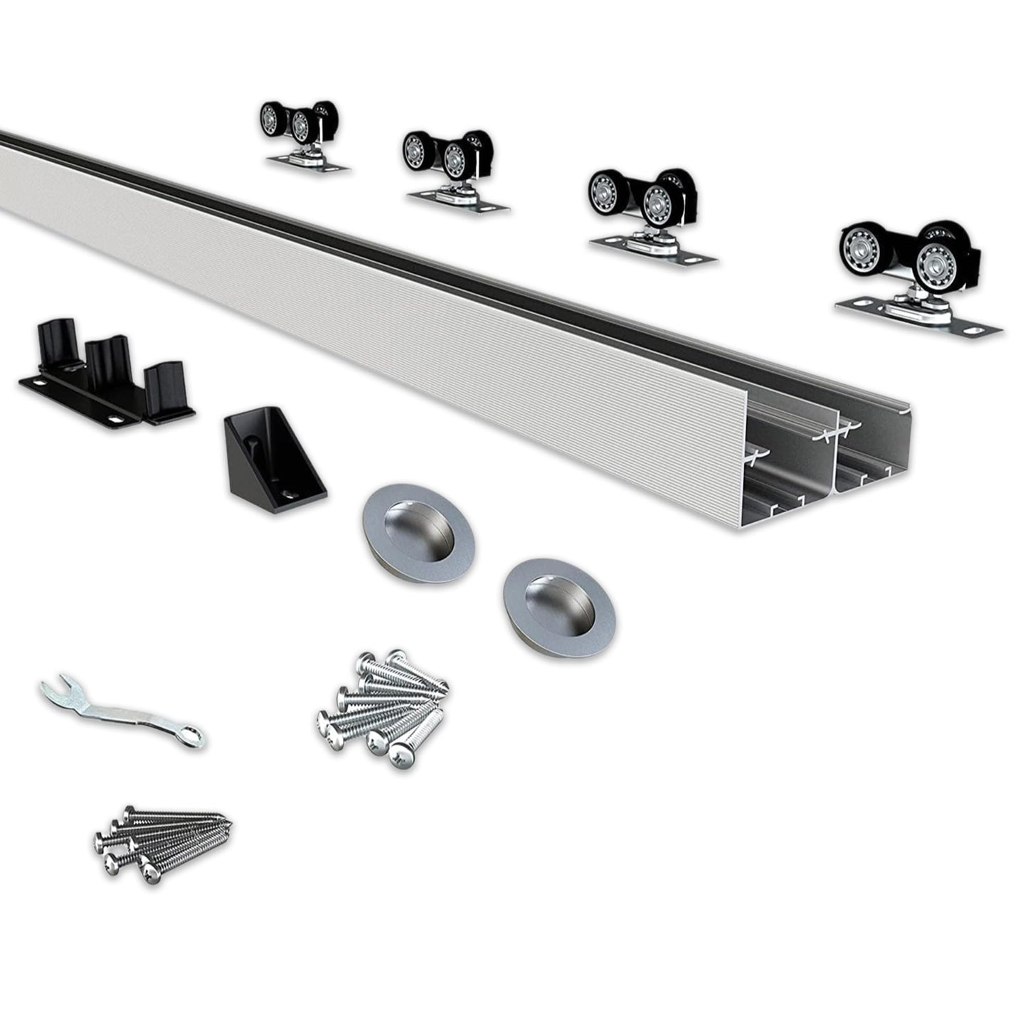 JUBEST Bypass Door Hardware 96", Aluminum Sliding Closet Door Hardware Set with Finger Pull Included, Smoothly and Quietly, for 2 Door System, Fit Door Thickness 1 3/8" or 1 3/4", Easy to Install