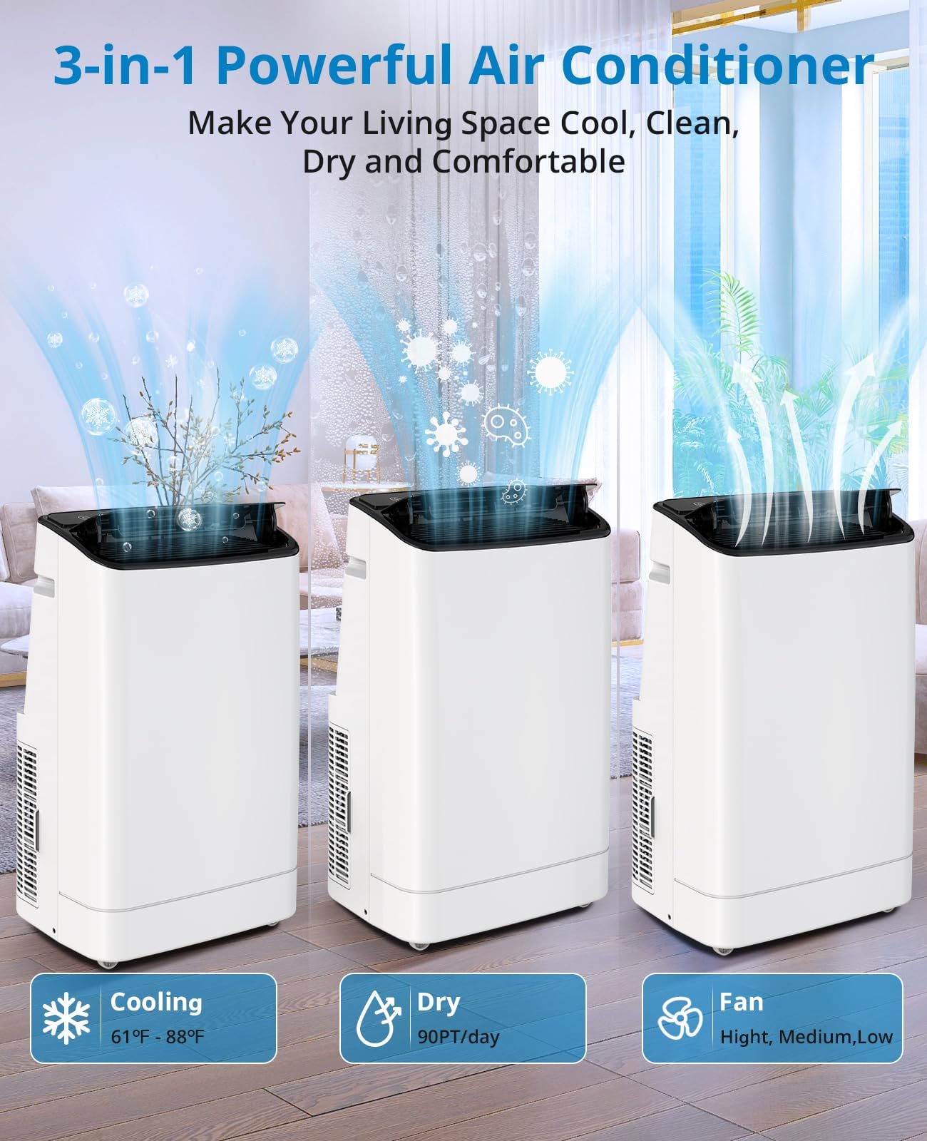 Portable Air Conditioner 14000 BTU ASHRAE (9300 BTU SACC), 3-in-1 Portable AC Fan Dehumidifier with Follow Me Remote, Quiet Mobile Air Conditioner for Bedroom, Living Room, Office, Rooms up to 700 Sq