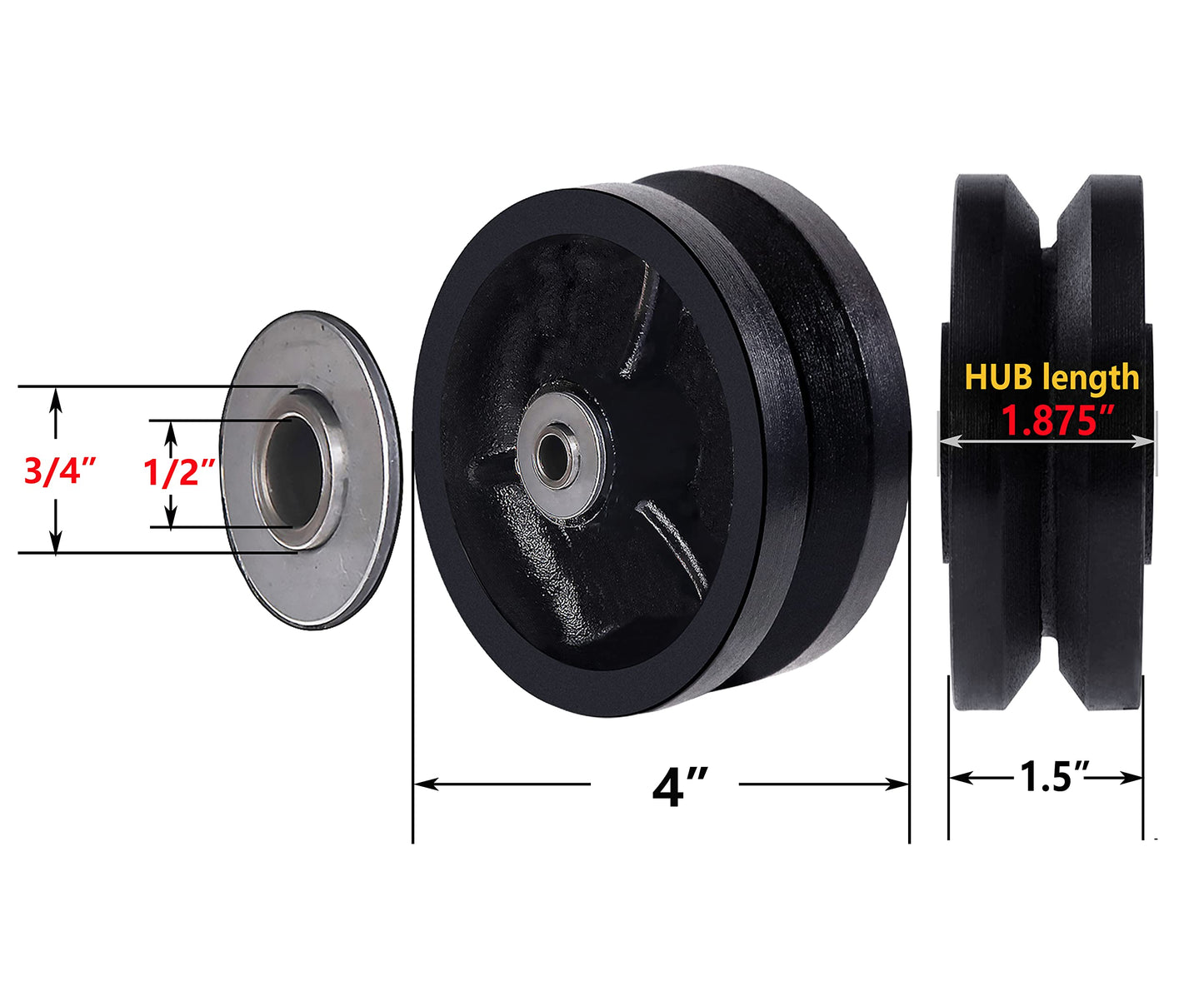 SYRATION 4" x1-1/2 Cast Iron V Groove Caster Wheel with Straight Roller Bearing Capacity up to 600 lbs (1 Black Wheel)