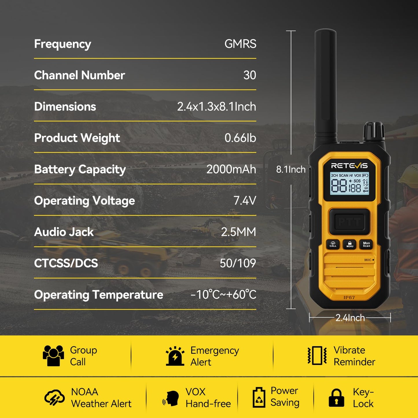 Retevis RB48 Plus IP67 Waterproof Heavy Duty Long Range Walkie Talkies, GMRS Radio, Construction Jobsite Two Way Radio, NOAA, Shock Resistant, Dual PTT, Emergency, Vibration Reminder(4 Pack)