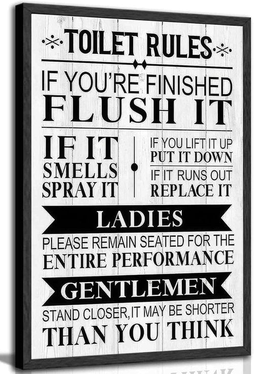 Funny Toilet Rules Quotes Canvas Wall Art - Black & White Humor for Eclectic Bathroom Decor