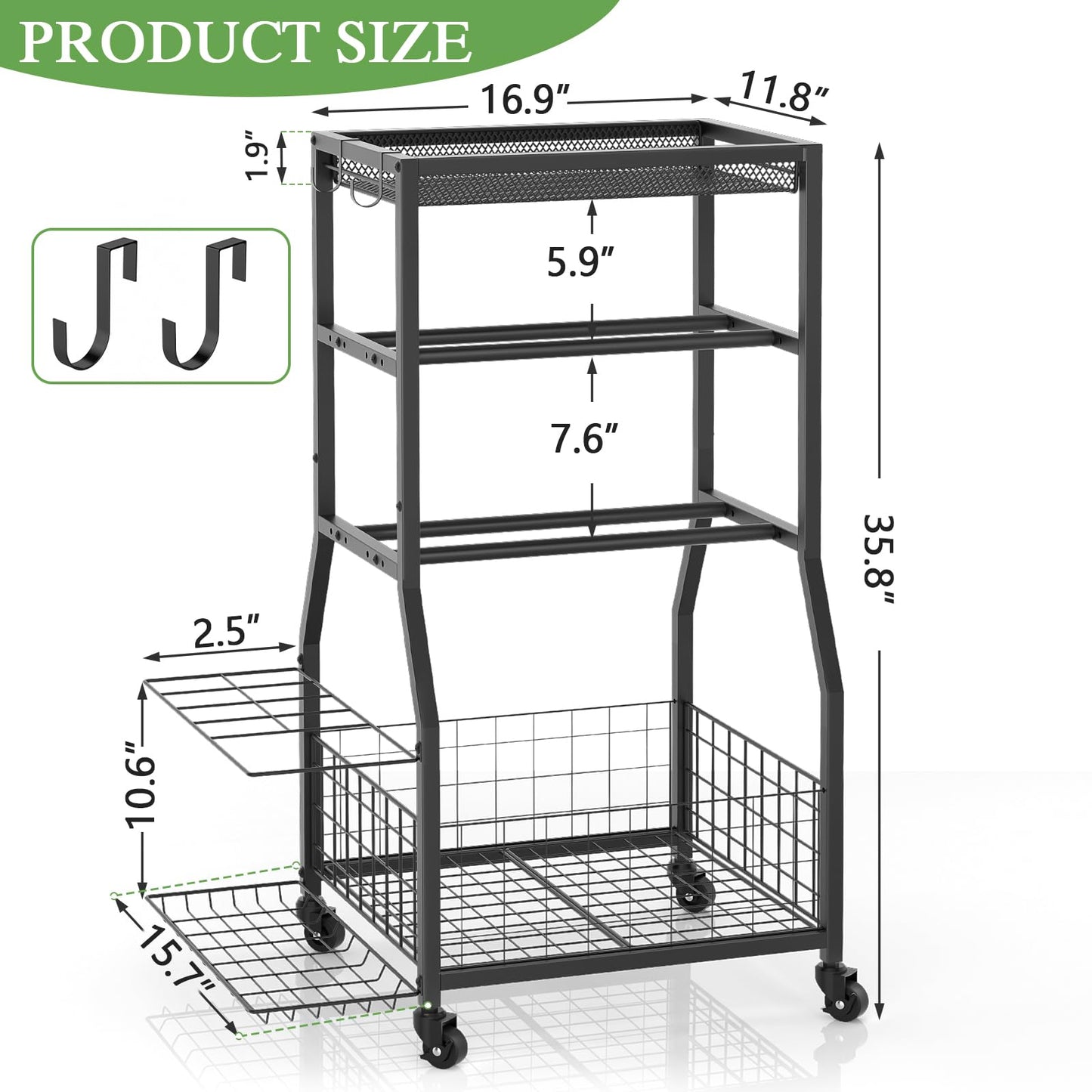 ThreeHio Home Gym Storage Rack, Dumbbell Rack with Yoga Mat Storage, Weight Rack Stand with Lockable Wheels and Hooks, Home Workout Equipment Organizer for Yoga, Dumbbell, Kettlebells, Ball Storage