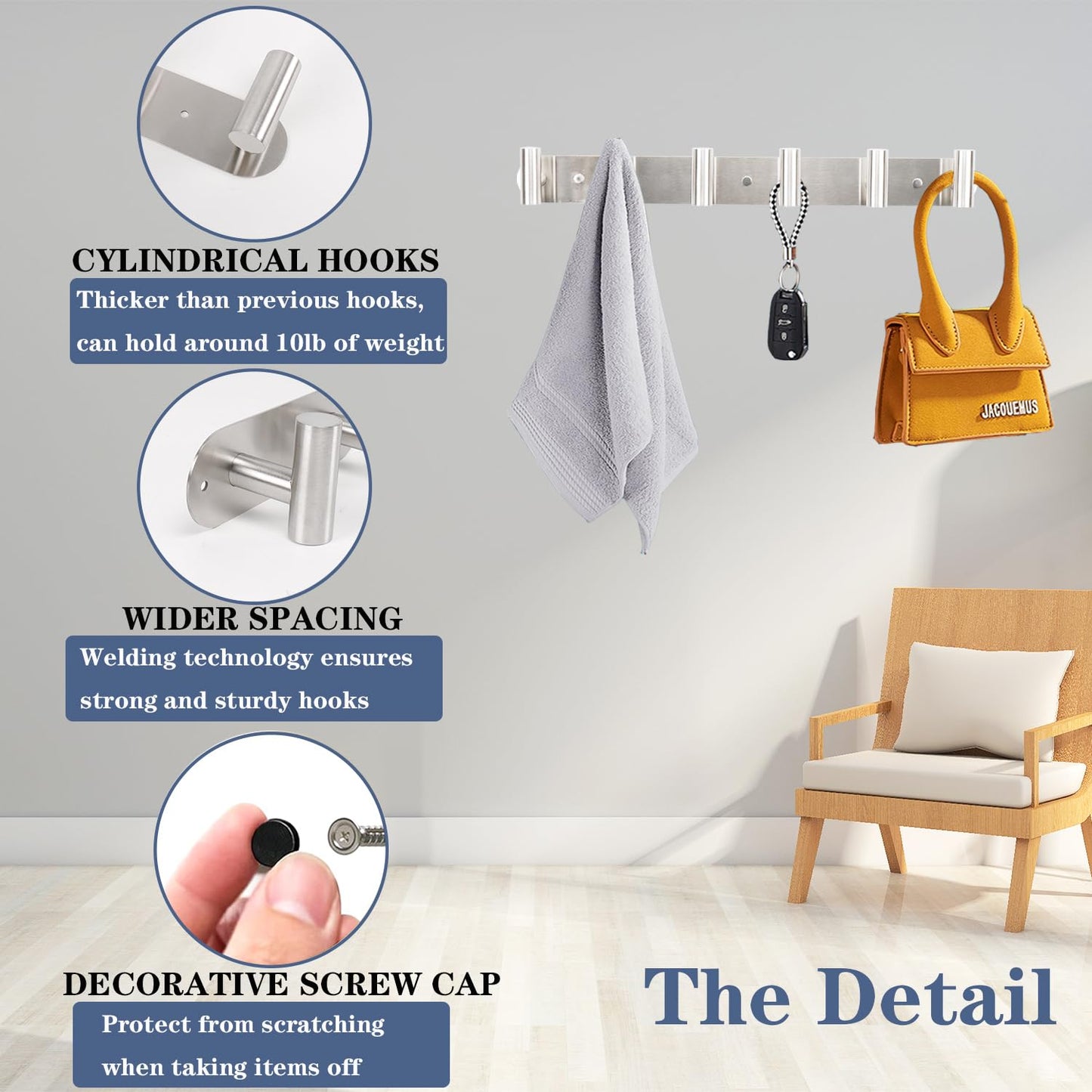 Vanloory Coat Hook Rack, Wall Mounted Rack with 4 Hooks, Heavy Duty Towel Rack Wall Hooks for Hanging Jacket, Stainless Steel Coat Hanger for Bathroom Entryway Mudroom (Brushed Nickel)