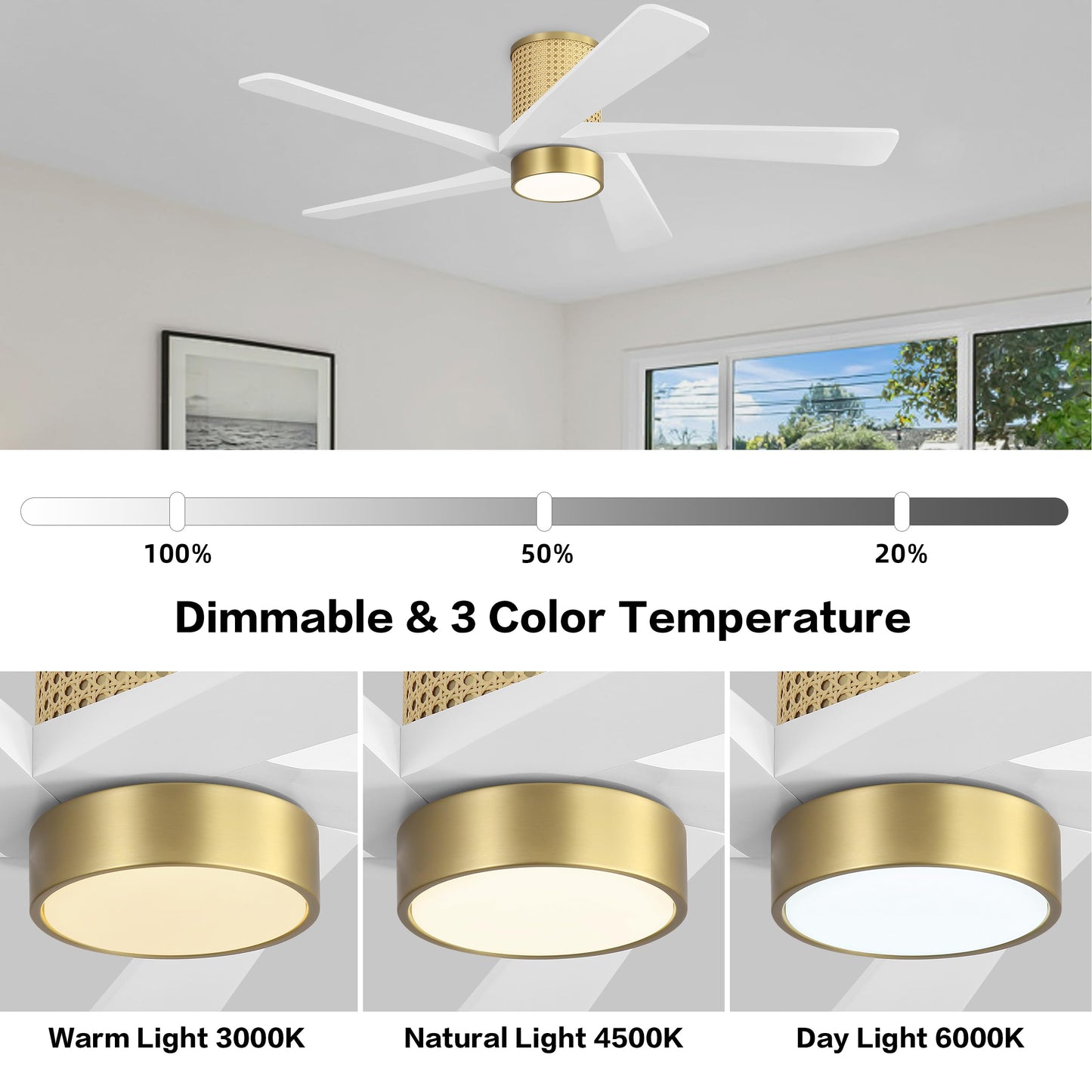 WINGBO 48 Inch Flush Mount Rattan Ceiling Fan, 3CCT Dimmable Light, 5 Carved Wood Blades, 6-Speed Reversible DC Motor, Modern Ceiling Fans for Indoor, Aged Brass Finish and White Blades