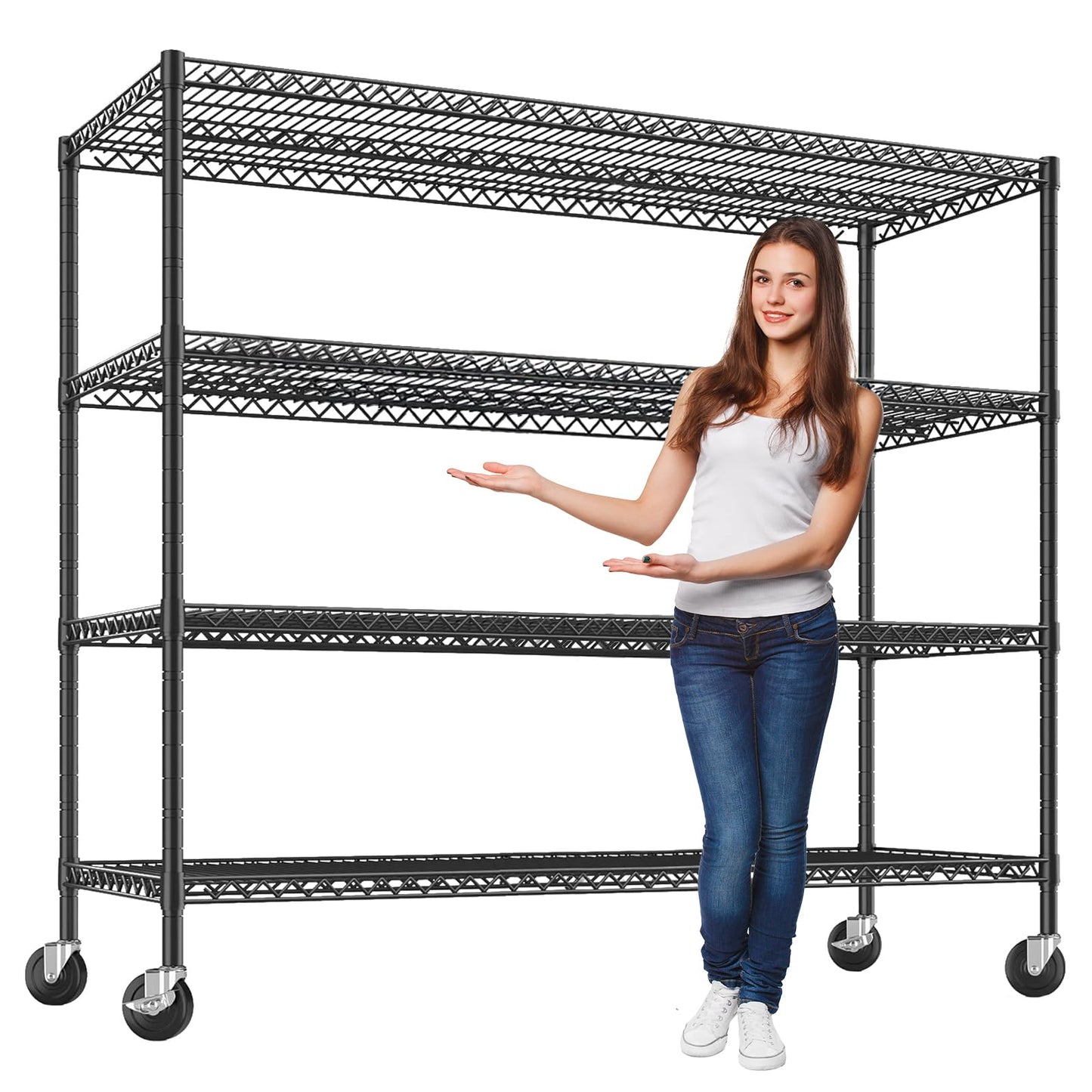 4 Tier Heavy Duty Wire Garage Shelving with Wheels, 2200 LBS Capacity, 24"D x 56"W x 75"H, Adjustable Metal Storage Rack, Industrial Shelves for Warehouse, Kitchen, Garage, Pantry and Utility Room