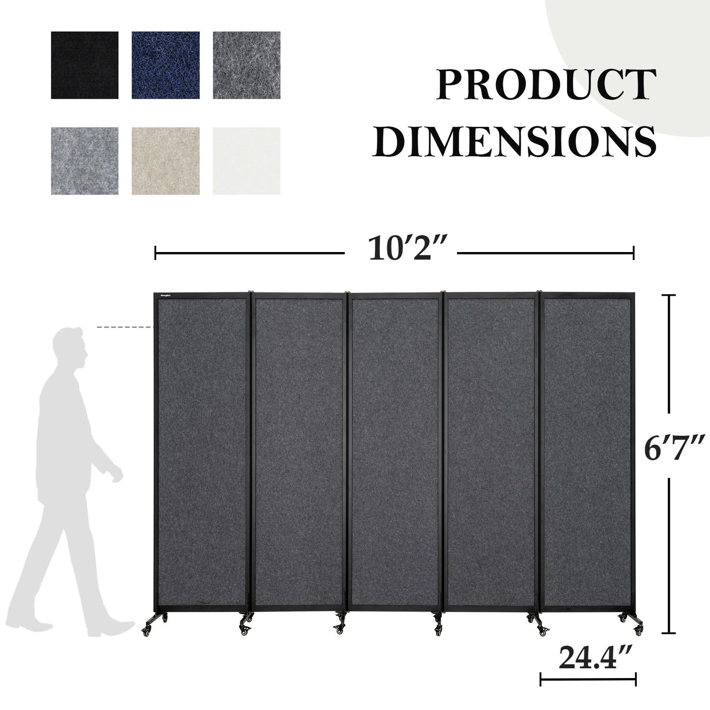 Upgrade Version Room Partition and Divider, Freestanding Rolling Dividers with Wheels,Office Privacy Screen Divider Wall,Classroom Felt Dividers,10'6"L* 6'7"H,5 Panel，Dark Grey